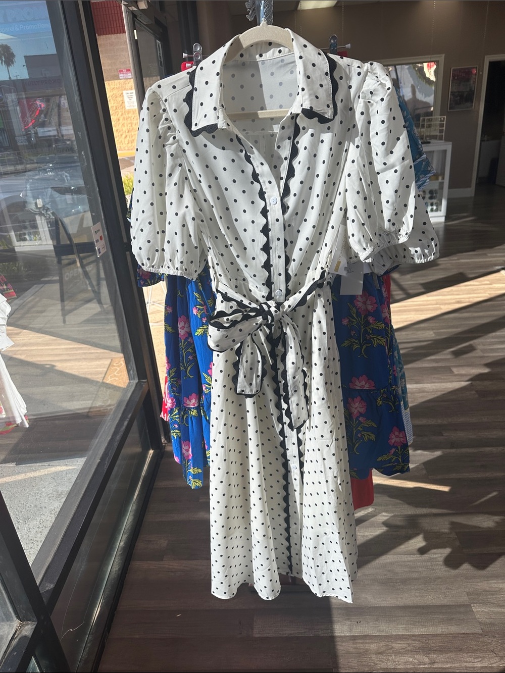 Polka Dot Tie-Waist Shirt Dress - White/Black
